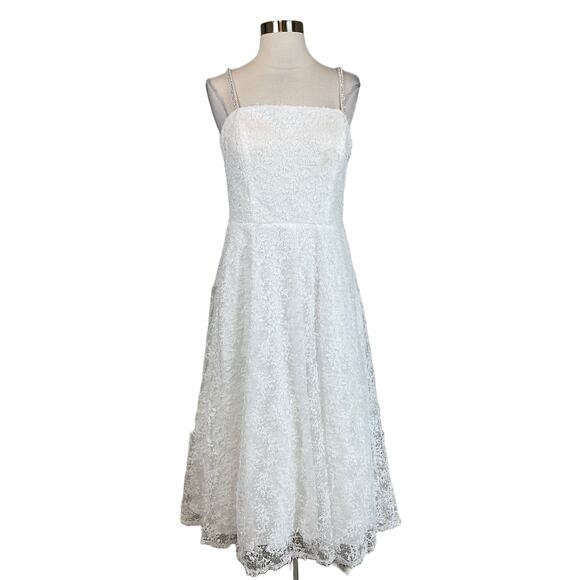 AQUA Women's Cocktail Dress Size 6 White Sequined Lace Sleeveless A-Line Midi - Picture 1 of 12